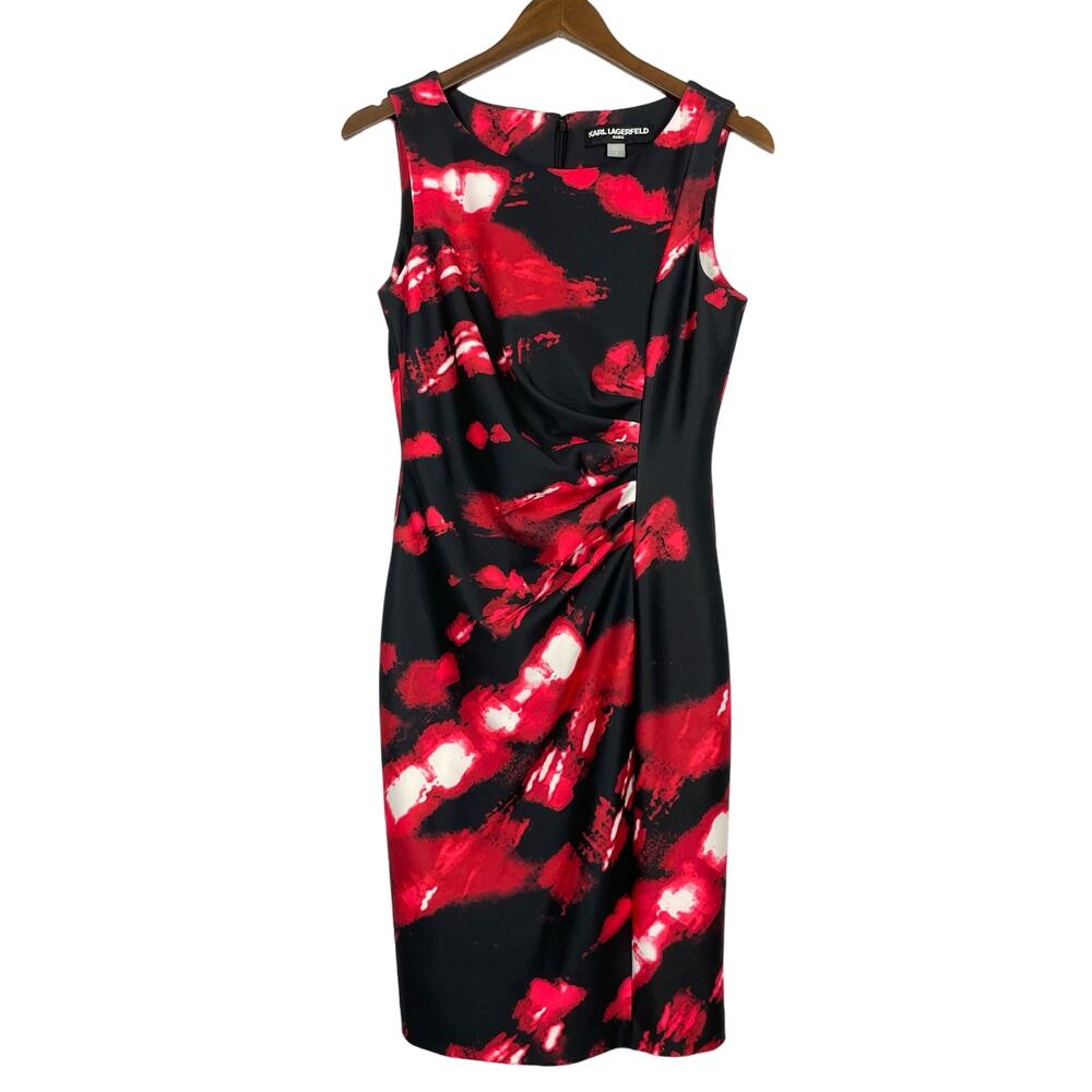 Karl Lagerfeld | NWOT Black & Red Watercolor Side Ruched Sleeveless Sheath Dress